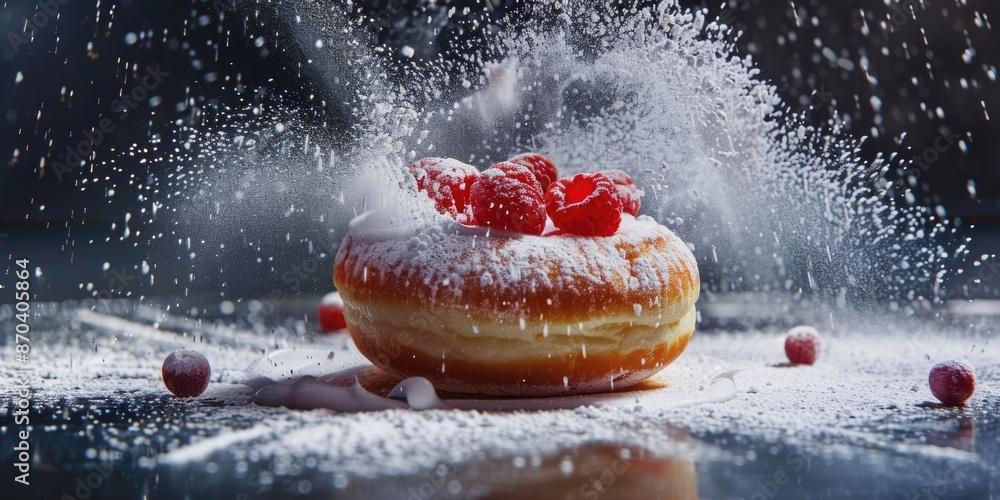 Poster a donut with powdered sugar and red berries on top. the powdered sugar is falling off the donut, cre