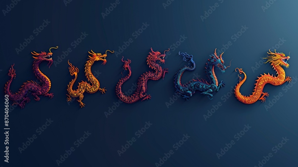 Poster a row of colorful dragons are displayed on a blue background. the dragons are of different colors an