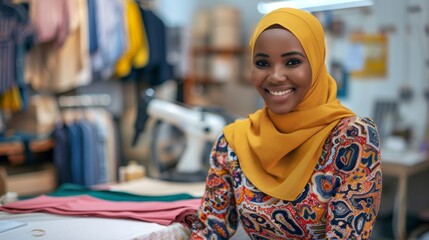 A Muslim woman in a yellow headscarf smiles confidently in her clothing studio, surrounded by fabric and sewing equipment