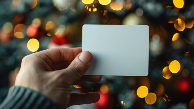 Credit Card Holiday. Christmas Business Card Mock Up with Festive Decoration in Man's Hand
