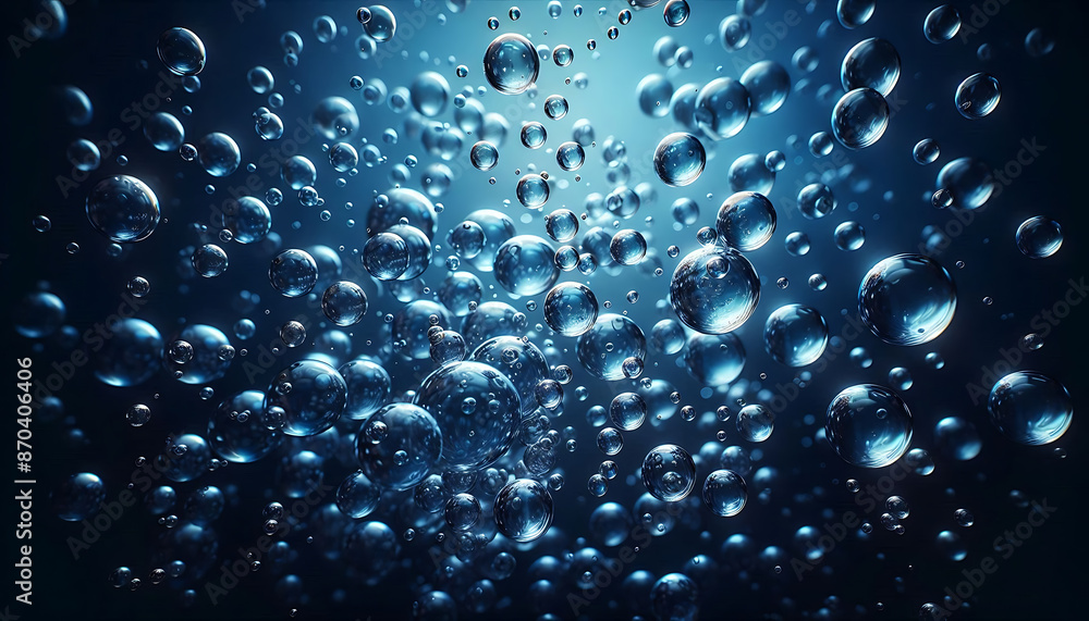 Poster abstract blue bubbles floating, a cluster of blue transparent bubbles of different sizes are floatin