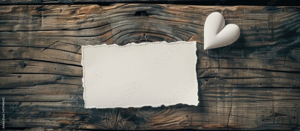 Poster romantic themed image with a white paper and tiny heart placed on a wooden backdrop, creating a nost