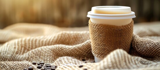 Coffee cup placed on a coffee bag, creating an appealing composition with copy space image.