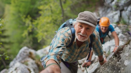 Elderly Man Hiking Up a Mountain Path