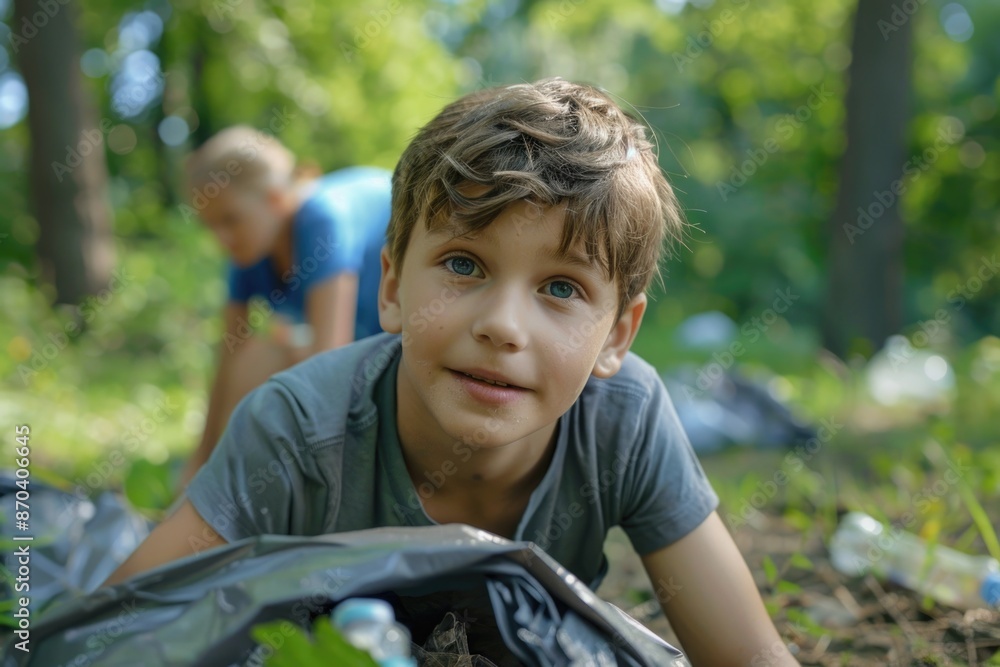 Poster a boy is laying on the ground with a garbage bag next to him. he is smiling and looking at the camer