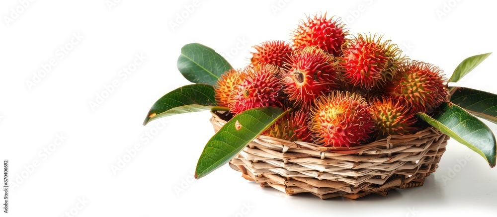 Poster rambutan fruit in a basket on a white background with a clipping path for easy editing, featuring co