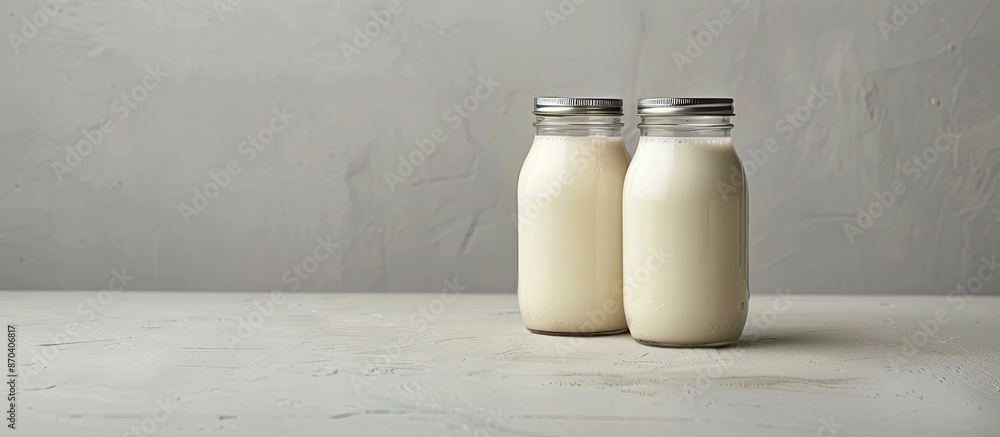 Poster flat lay composition featuring two jars filled with fresh milk set against a neutral gray backdrop w