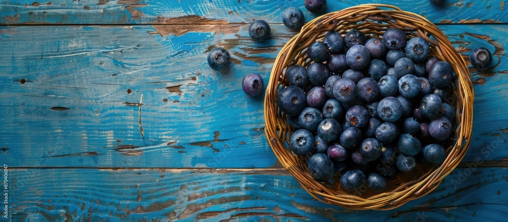 Poster Flat lay image featuring fresh blueberries in a wicker bowl on a rustic blue wooden table, highlighting the concept of harvesting, nutrition, and vitamins with space for text. Copy space image