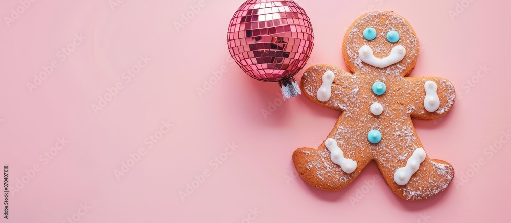 Poster flat lay design of a gingerbread man cookie adorned with a shiny disco ball on a soft pink backdrop,