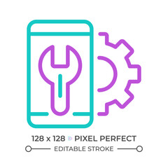Smartphone settings two color line icon. Mobile phone configuration. Personalize device. Fix cellphone bicolor outline symbol. Duotone linear pictogram. Isolated illustration. Editable stroke