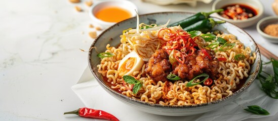 Fork up some delicious Indomie Goreng noodles for a meal with a copy space image.