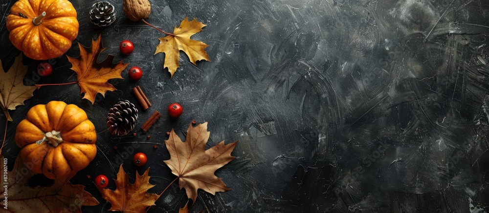Poster thanksgiving-themed setup with autumn leaves, fresh pumpkin, and decor on a textured surface. top vi