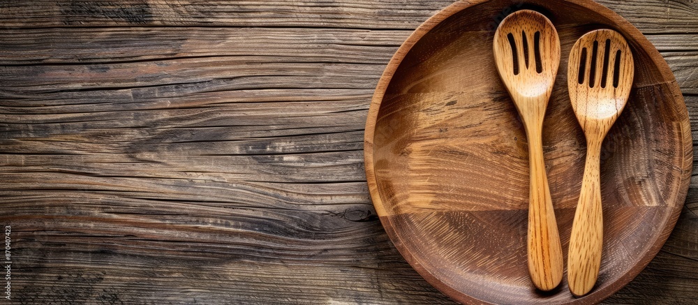 Poster close-up of a wooden dish with a wooden spoon and fork on a wooden surface, with a clear space for a