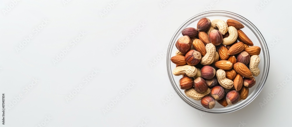Aufkleber a variety of peanuts and almonds in a glass bowl on a white background with room for text or other i