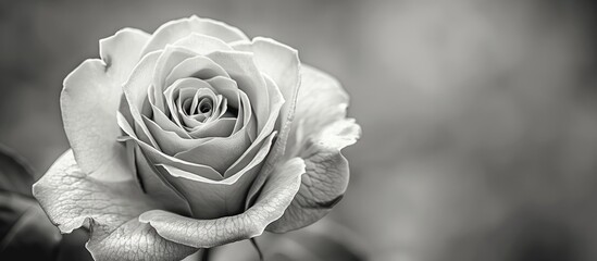 A grayscale closeup image of a blooming rose conveys a romantic theme with copy space for text.