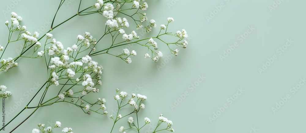 Poster gypsophila flower card on light green background with space for writing, displayed flat. copy space 