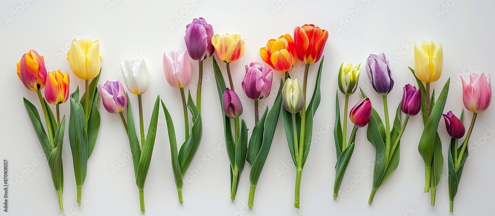 Poster top-down view of a variety of tulips arranged in a bunch against a white backdrop, ideal for use as 
