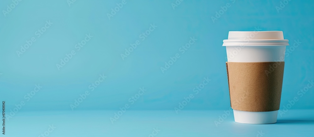 Poster present a disposable coffee cup against a blue backdrop with an available area for text or graphics.