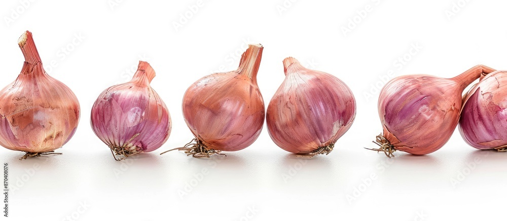 Poster onion bulbs isolated on white background with clipping path for a clean cutout. close-up view with s