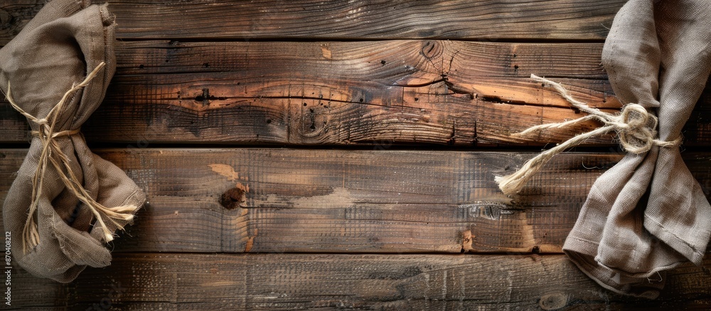 Poster a napkin placed on a rustic wooden surface, creating a charming backdrop with ample copy space image