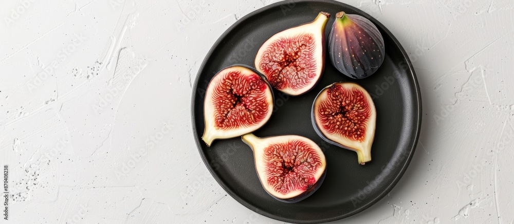 Poster fresh figs on a grey plate with one fruit sliced in half, placed on a white background with a clippi