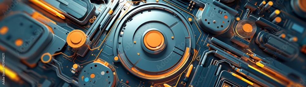 Poster generate a seamless, 3d, circuit board pattern with glowing orange highlights. the image should be s