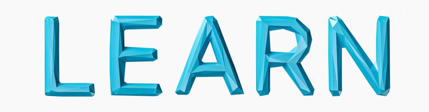 Learn word arranged by letters made of low poly blue material. 3d illustration of green plant alphabet isolated on white background