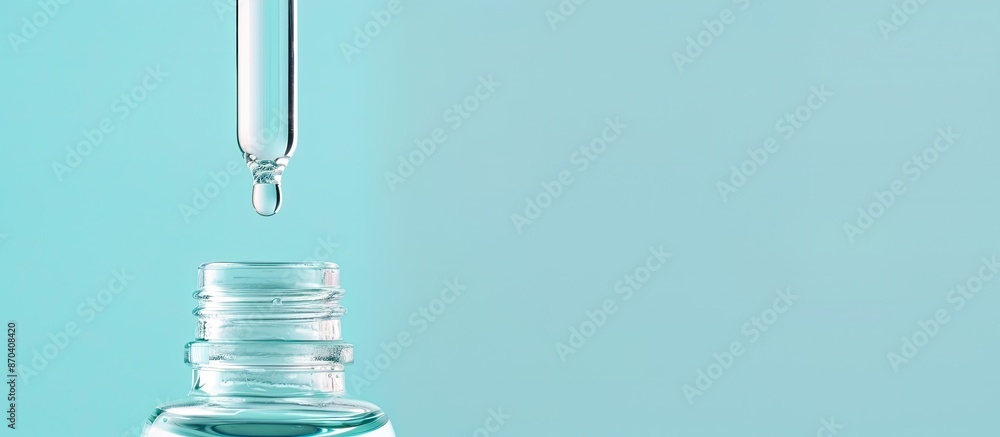 Poster close-up image showing serum dripping from a pipette into a bottle on a light blue background with c
