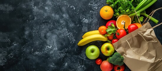 Top view of a variety of fresh vegetables and fruits like apples, oranges, bananas, broccoli, tomatoes, and celery in a shopping bag on a black table, creating a healthy lifestyle concept with copy