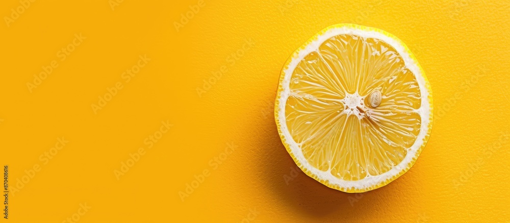 Poster flat lay background featuring a vibrant slice of lemon with ample copy space image.