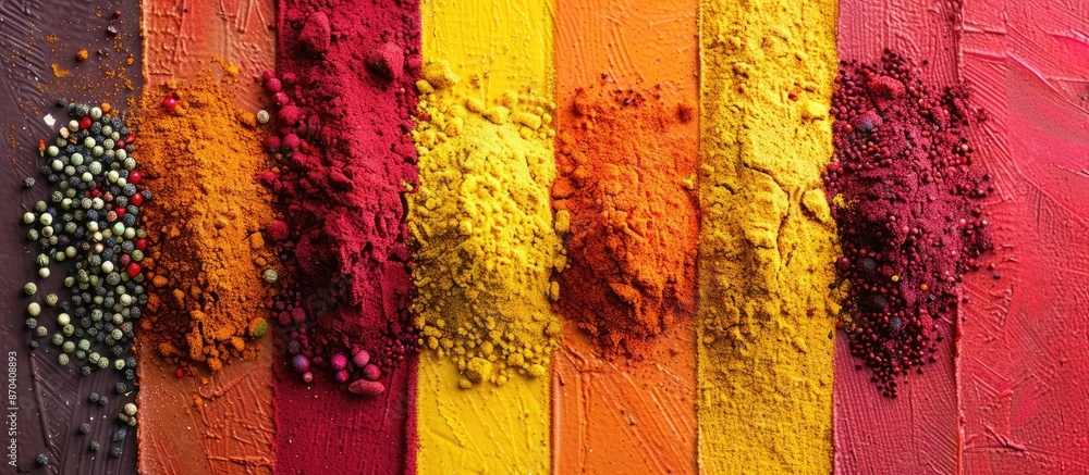 Poster colorful spices arranged on a vibrant background with copy space image.