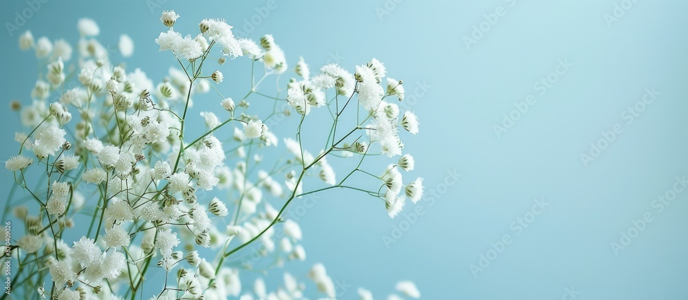 Poster blurry white flowers on light blue backdrop with shallow depth of field and focus on left side for t