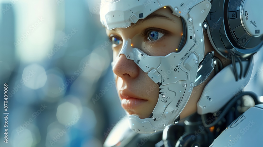Aufkleber closeup of an ai robot with humanlike features, looking to the side in contemplation and focus on fu