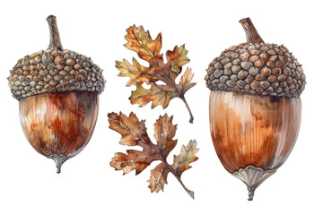 Detailed watercolor illustration of two acorns and oak leaves, perfect for autumn-themed designs and nature projects.