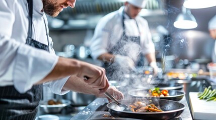 Close-up: focused chef stirs sizzling pan in busy kitchen. Steam creates energy and excitement