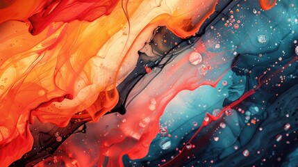 A painting with a red and yellow line and blue and white dots. The painting has a lot of texture and seems to be abstract