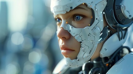 Fototapeta premium Closeup of an AI robot with humanlike features, looking to the side in contemplation and focus on future technology