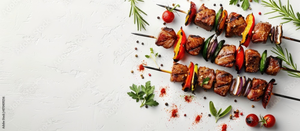 Poster top view of skewered grilled pork kebabs on a white surface with space for text. variety of meat ske