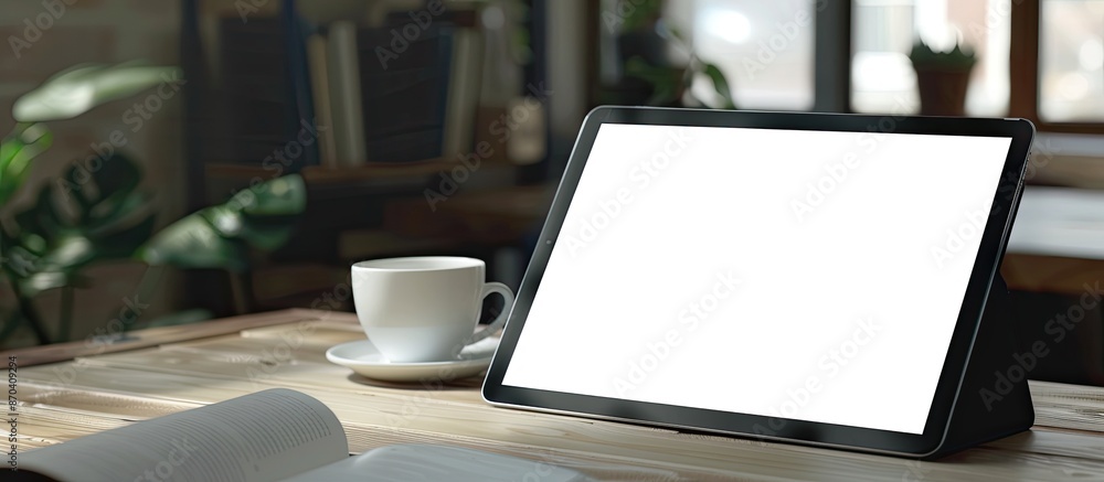 Poster business office tabletop featuring a mock-up tablet computer with a blank screen, isolated to show a
