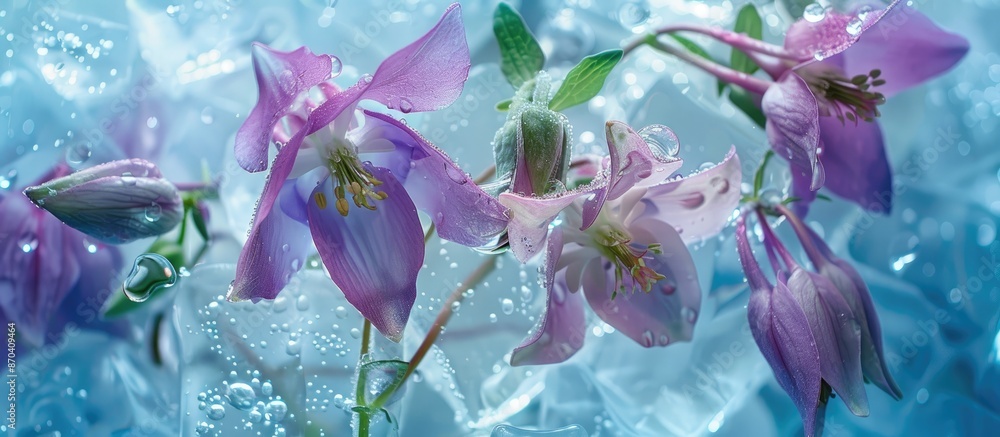 Aufkleber aquilegia flower branch set against an ice cube's backdrop with air bubbles, perfect for a spring ca