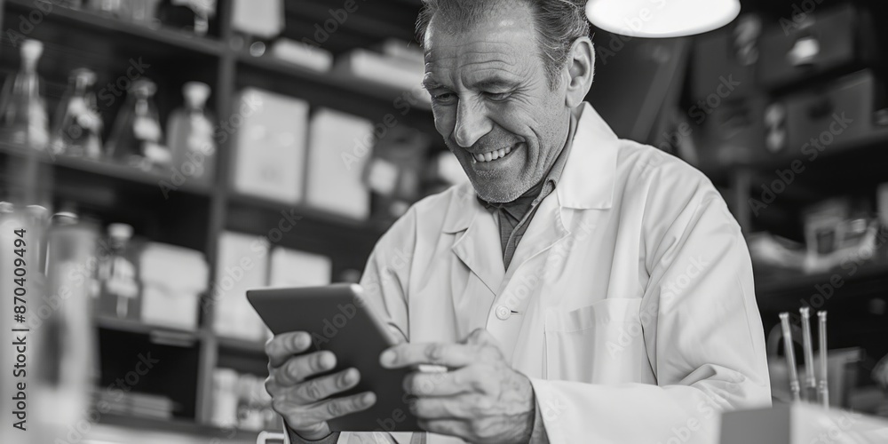 Poster a man in a white lab coat is smiling while looking at a tablet. he is happy and content