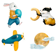 A set of cute animals: a rabbit in pants and a shirt and a badger in yellow pants. A toy blue cartoon airplane. A pretty moon in the clouds. Watercolor illustration. on a white background.
