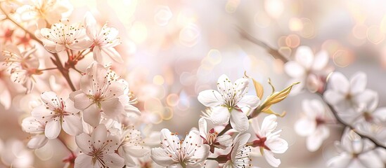 Fototapeta premium A stunning Springtime scene capturing white cherry blossoms in full bloom with a blurred background, perfect for a copy space image.