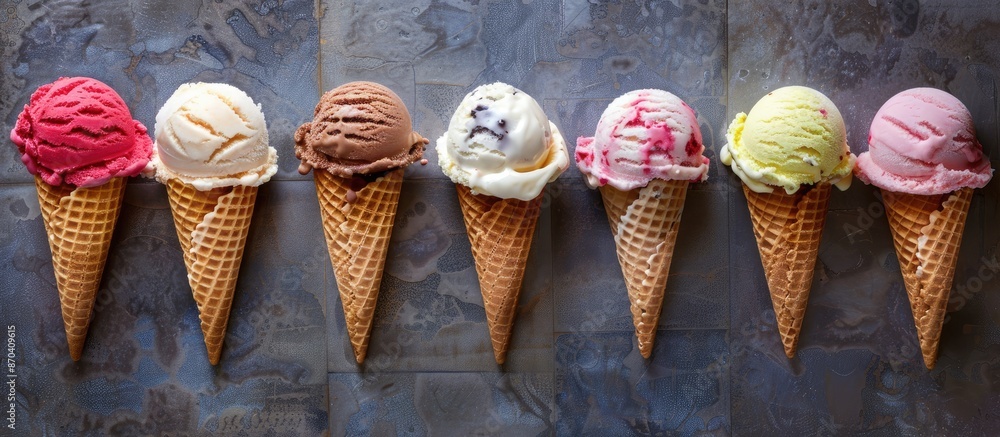 Wall mural An assortment of delicious ice cream cones displayed on a textured stone background, a depiction of summer treats with a traditional appeal. Suitable for copy space image.