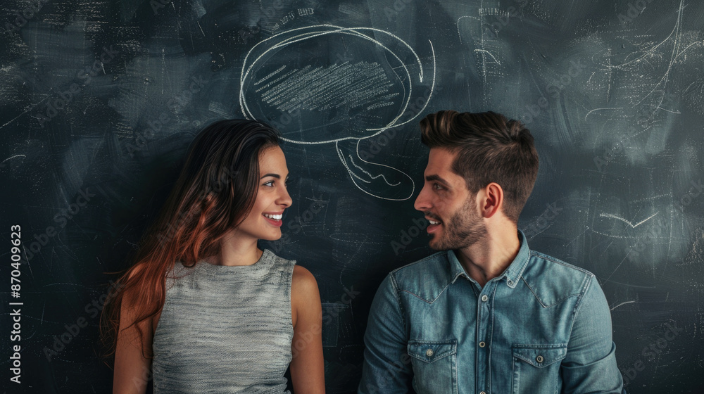 Poster a man and a woman are smiling at each other in front of a chalkboard. the chalkboard has a speech bu
