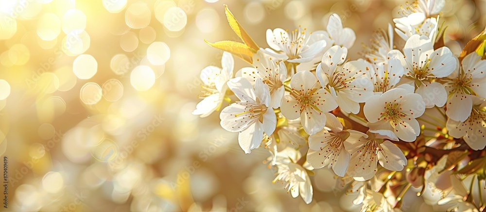 Poster sunlit macro view of blooming cherry branches in the background with space for text or an image. cop
