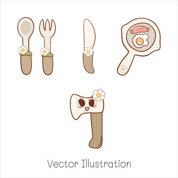 Cartoon cute breakfast set with spoon and knift with flowers. Groovy ax with flower.