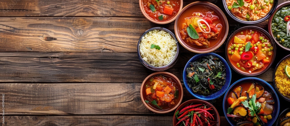 Aufkleber a table is adorned with various food and soup bowls, forming a vibrant and enticing array with copy 