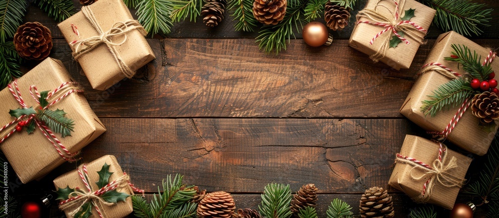 Poster top view of christmas-themed gifts and pine cones on a background with ample copy space image for te