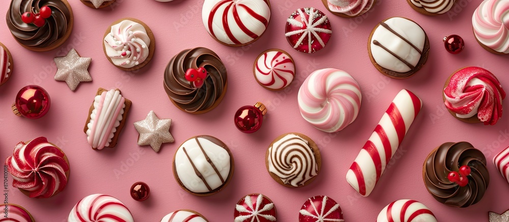 Poster flat lay holiday concept featuring a pattern of christmas sweet treats with a copy space image in a 